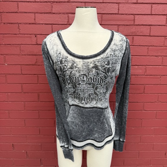 Harley-Davidson Tops - Harley Davidson Chrome Fade Sheer‎ Knit Shirt Women Small Pocket Long Sleeve